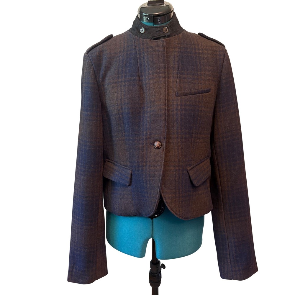 American Eagle Wool Blend Plaid Military Jacket Womens L Heritage Style